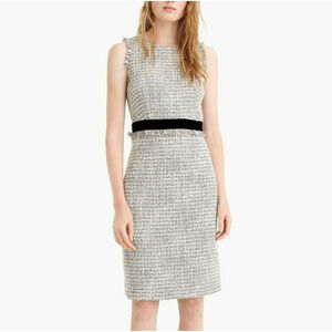 J. Crew Metallic Sparkle Tweed Sheath Dress Sz 10 Silver Velvet Fringe Trim NWT